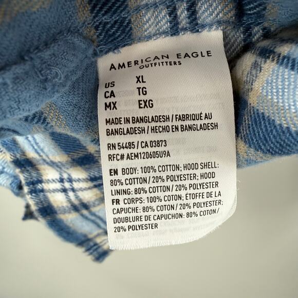 American Eagle Flannel Men's Size XL Super Soft NWT Blue Plaid Detachable Hoodie - Picture 14 of 16